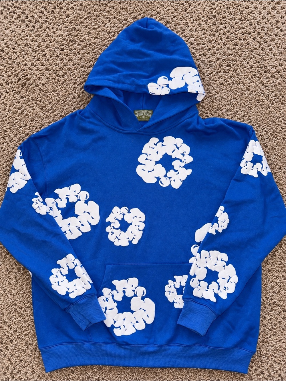 Blue Hoodie with White Floral Print - Men's Pullover